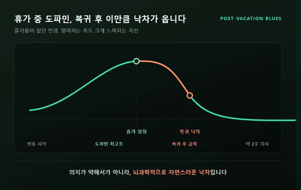 휴가 중 도파민 상승과 복귀 후 낙차를 보여주는 곡선 그래프