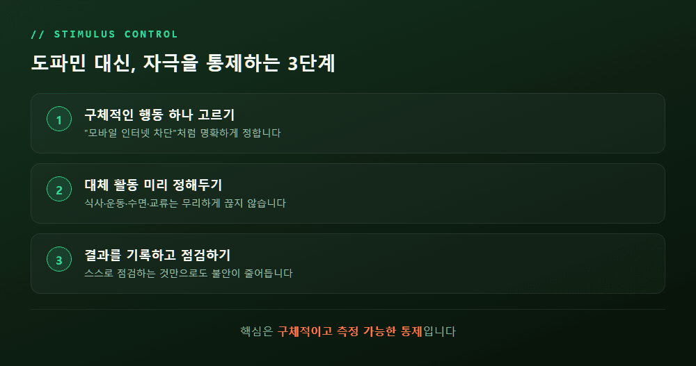 도파민 디톡스 대신 실천할 수 있는 자극 통제 체크리스트 — 구체적 행동 선택, 대체 활동 마련, 기록·점검 3단계
